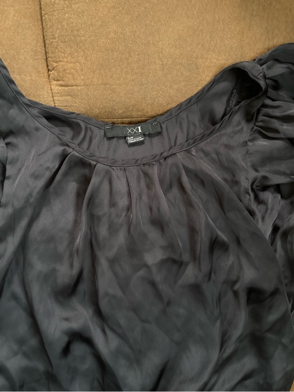 Forever 21 Black Satin Scoop-Neck Blouse with Gathered Front